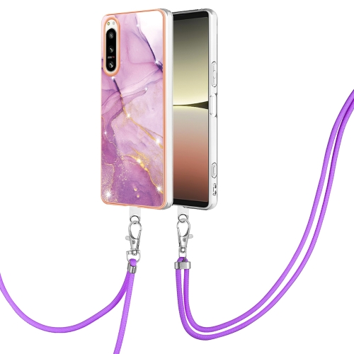 

For Sony Xperia 5 IV Electroplating Marble Dual-side IMD Phone Case with Lanyard(Purple 001)