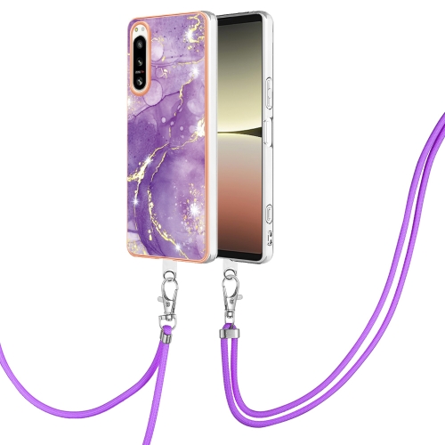 

For Sony Xperia 5 IV Electroplating Marble Dual-side IMD Phone Case with Lanyard(Purple 002)