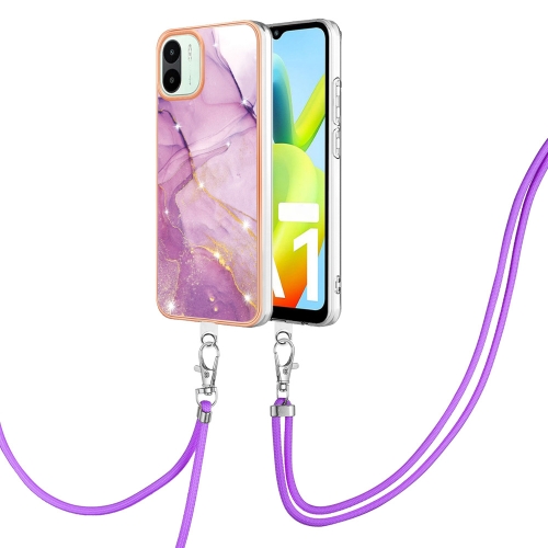 

For Xiaomi Redmi A1 Electroplating Marble Dual-side IMD Phone Case with Lanyard(Purple 001)