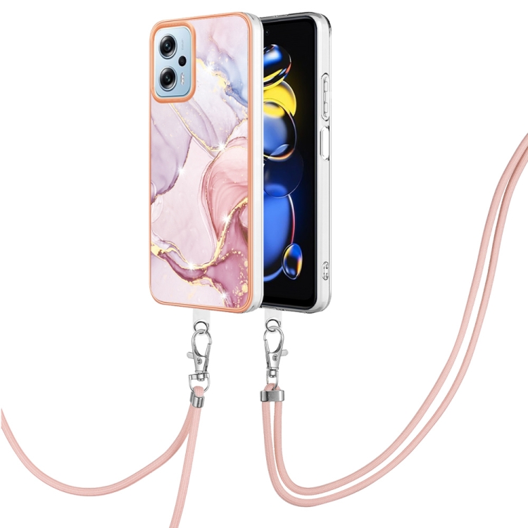 

For Xiaomi Redmi Note 11T Pro / Note 11T Pro+ Electroplating Marble Dual-side IMD Phone Case with Lanyard(Rose Gold 005)