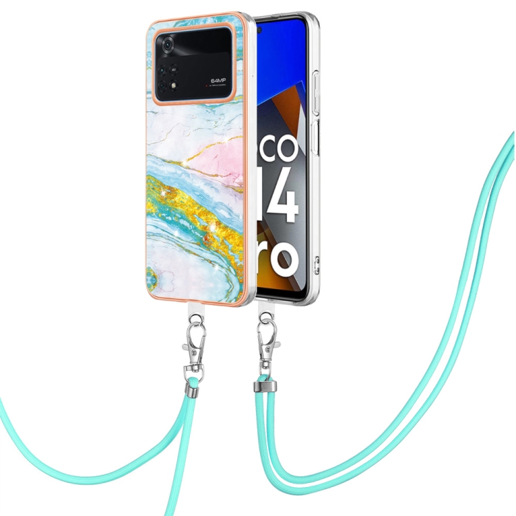 

For Xiaomi Poco M4 Pro 4G Electroplating Marble Dual-side IMD Phone Case with Lanyard(Green 004)
