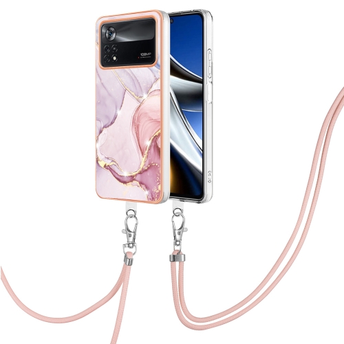 

For Xiaomi Poco X4 Pro 5G Electroplating Marble Dual-side IMD Phone Case with Lanyard(Rose Gold 005)