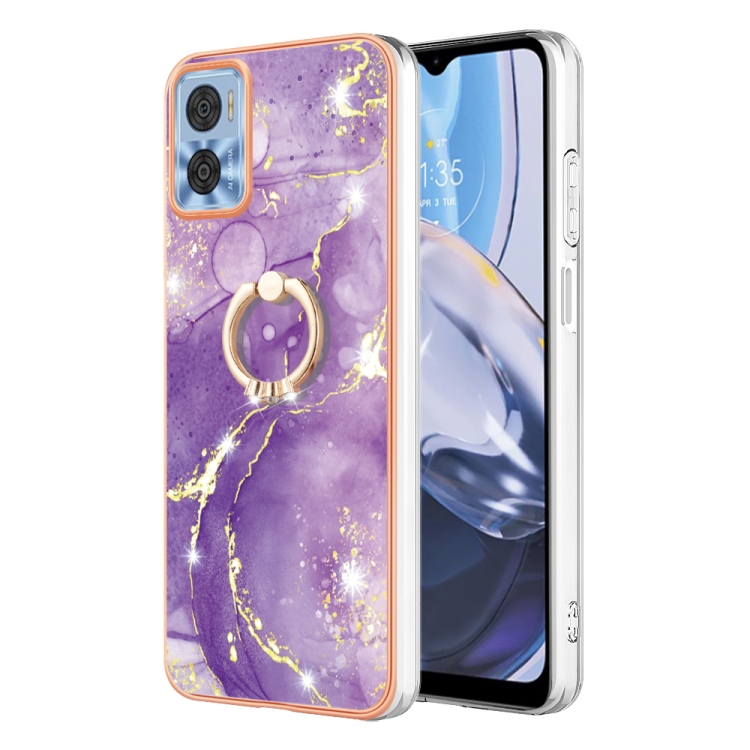 

For Motorola Moto E22 Electroplating Marble IMD Phone Case with Ring Holder(Purple 002)