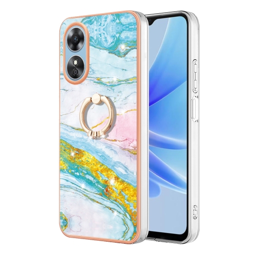 

For OPPO A17 Electroplating Marble IMD Phone Case with Ring Holder(Green 004)