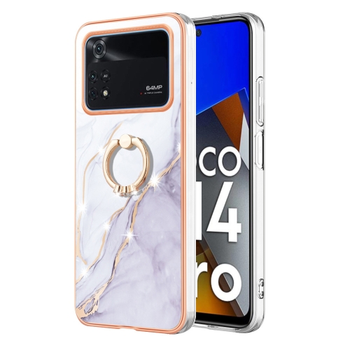 

For Xiaomi Poco M4 Pro 4G Electroplating Marble IMD Phone Case with Ring Holder(White 006)