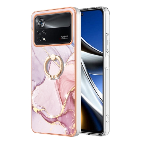 

For Xiaomi Poco X4 Pro 5G Electroplating Marble IMD Phone Case with Ring Holder(Rose Gold 005)