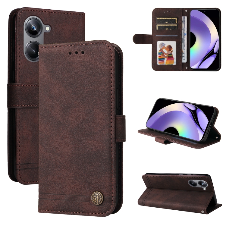 

For Realme 10 4G Global Skin Feel Life Tree Metal Button Leather Phone Case(Brown)