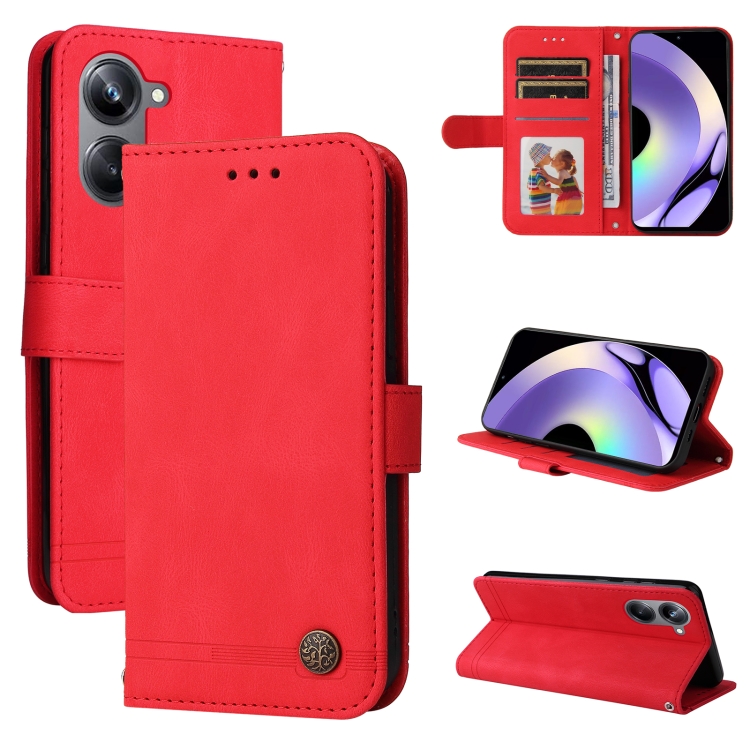 

For Realme 10 Pro 5G Skin Feel Life Tree Metal Button Leather Phone Case(Red)