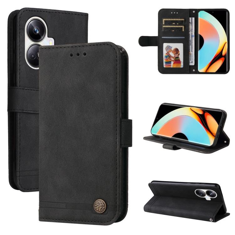 

For Realme 10 Pro+ 5G Skin Feel Life Tree Metal Button Leather Phone Case(Black)