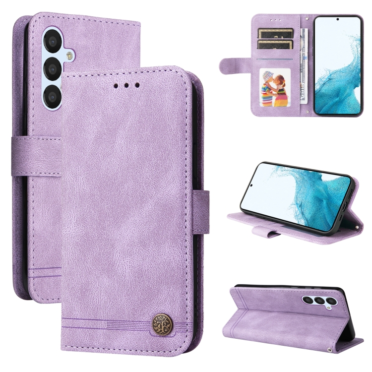

For Samsung Galaxy A34 5G Skin Feel Life Tree Metal Button Leather Phone Case(Purple)