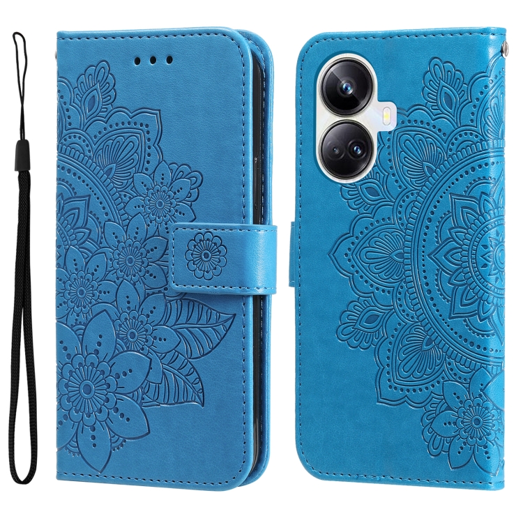 

For Realme 10 Pro+ 5G 7-petal Flowers Embossing Leather Phone Case(Blue)