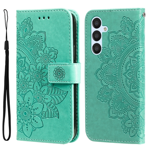 

For Samsung Galaxy A34 5G 7-petal Flowers Embossing Leather Phone Case(Green)