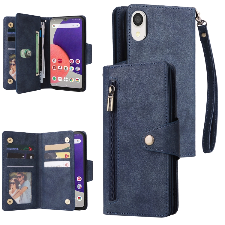 

For Samsung Galaxy A22e 5G Rivet Buckle 9 Cards Three Fold Leather Phone Case(Blue)
