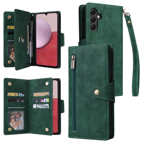 

For Samsung Galaxy A14 5G Rivet Buckle 9 Cards Three Fold Leather Phone Case(Green)