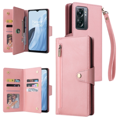 

For OnePlus N300 Rivet Buckle 9 Cards Three Fold Leather Phone Case(Rose Gold)