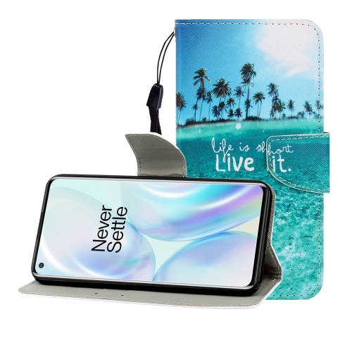 

For One Plus 8 Colored Drawing Horizontal Flip Leather Case with Holder & Card Slot & Wallet(Coconut Tree)