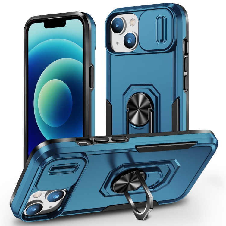 

For iPhone 14 Plus Pioneer Armor Sliding Camshield Phone Case(Blue)