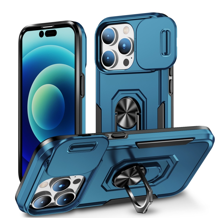 

For iPhone 14 Pro Pioneer Armor Sliding Camshield Phone Case(Blue)