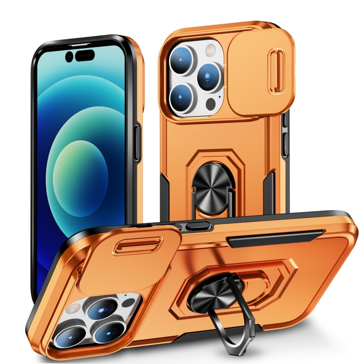 

For iPhone 14 Pro Max Pioneer Armor Sliding Camshield Phone Case(Orange)