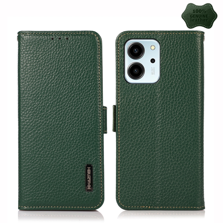 

For Honor 80 SE KHAZNEH Side-Magnetic Litchi Genuine Leather RFID Phone Case(Green)