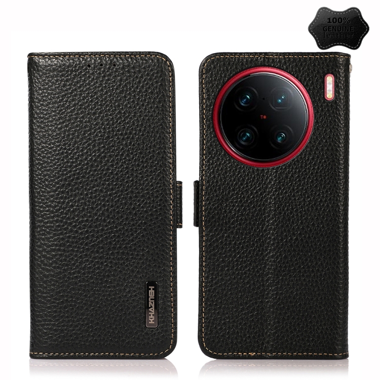 

For vivo X90 Pro+ KHAZNEH Side-Magnetic Litchi Genuine Leather RFID Phone Case(Black)