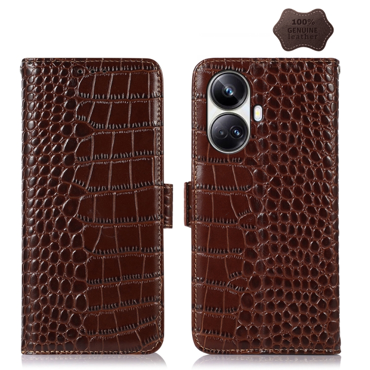 

For Realme 10 Pro+ Crocodile Top Layer Cowhide Leather Phone Case(Brown)