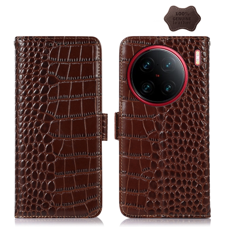 

For vivo X90 Pro+ Crocodile Top Layer Cowhide Leather Phone Case(Brown)
