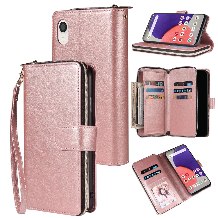

For Samsung Galaxy A22e 5G 9 Card Slots Zipper Wallet Bag Leather Phone Case(Rose Gold)