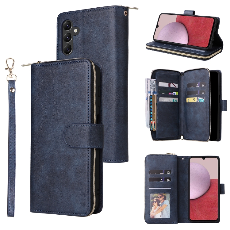 

For Samsung Galaxy A14 5G 9 Card Slots Zipper Wallet Bag Leather Phone Case(Blue)