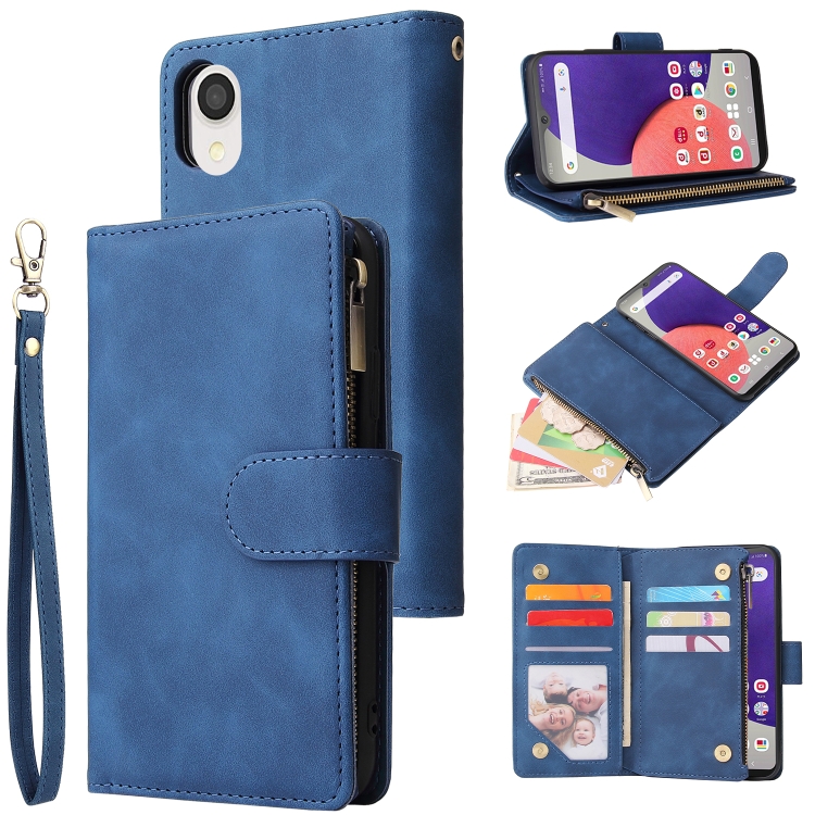 

For Samsung Galaxy A22e 5G Multifunctional Frosted Zipper Wallet Leather Phone Case(Blue)