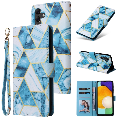 

For Samsung Galaxy A14 5G Marble Bronzing Stitching Leather Phone Case(Blue)