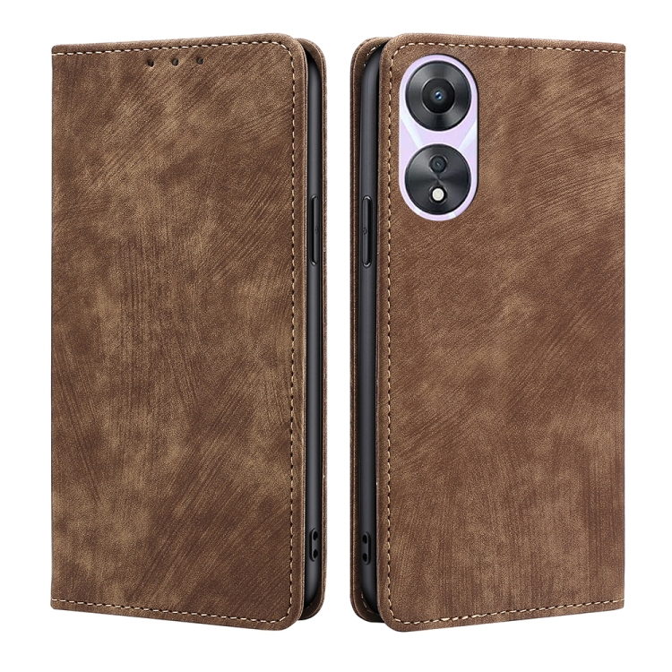 

For OPPO A58 5G RFID Anti-theft Brush Magnetic Leather Phone Case(Brown)
