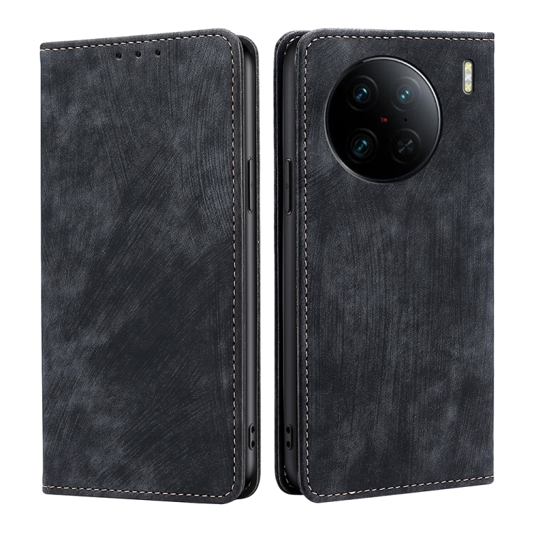 

For vivo X90 Pro+ RFID Anti-theft Brush Magnetic Leather Phone Case(Black)