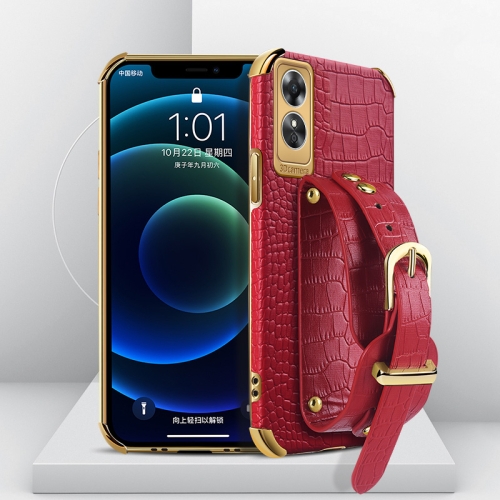 

For OPPO A17 Electroplated TPU Crocodile Pattern Leather Case with Wrist Strap(Red)