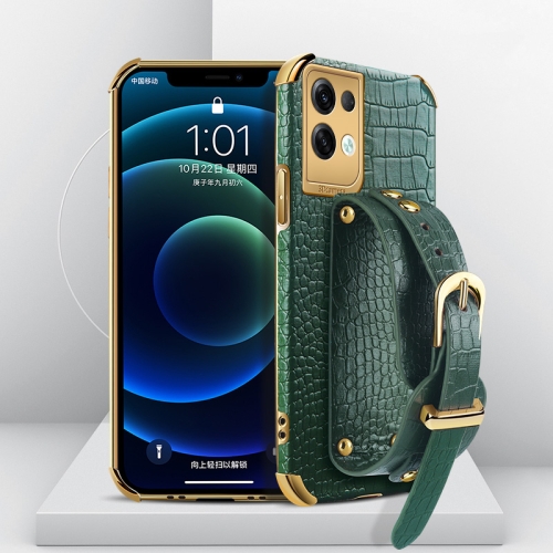 

For OPPO Reno8 Pro+ Electroplated TPU Crocodile Pattern Leather Case with Wrist Strap(Green)