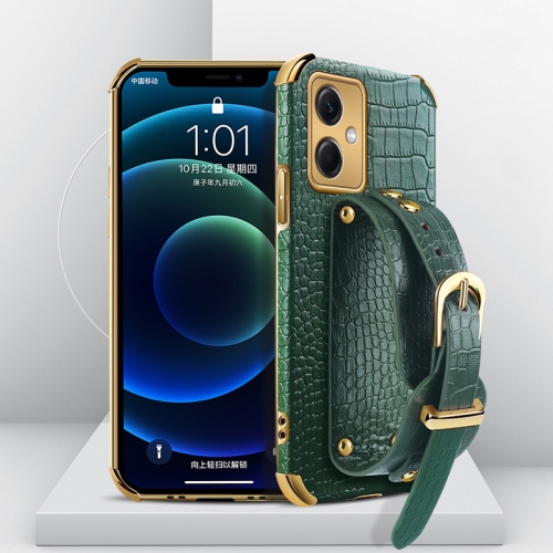 

For Xiaomi Redmi Note 12 Electroplated TPU Crocodile Pattern Leather Case with Wrist Strap(Green)