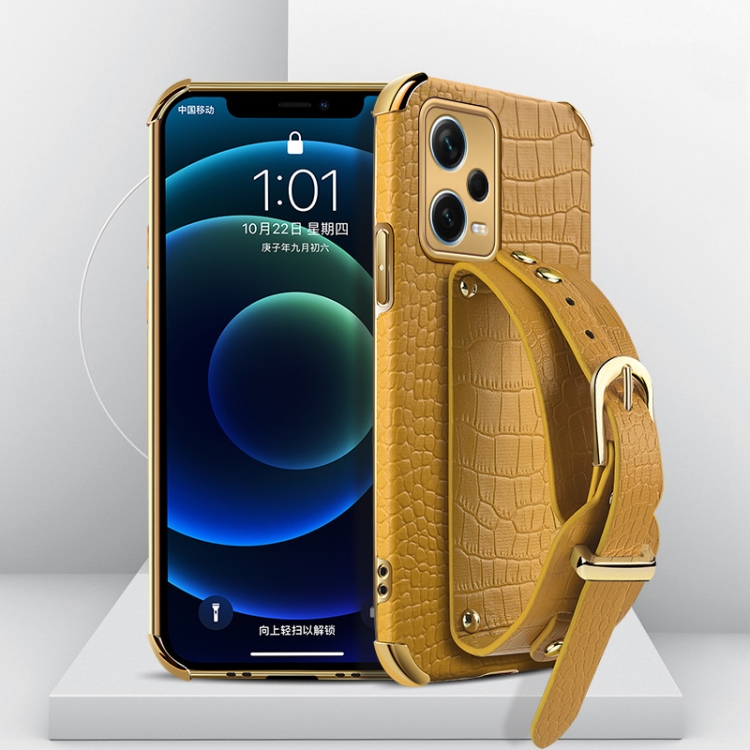 

For Xiaomi Redmi Note 12 Pro+ China Electroplated TPU Crocodile Pattern Leather Case with Wrist Strap(Yellow)