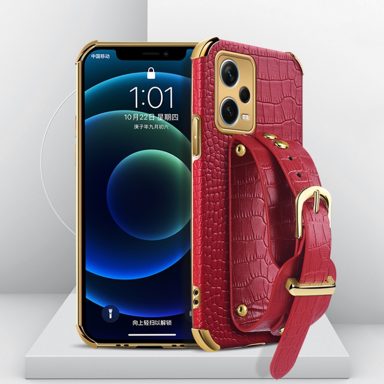 

For Xiaomi Redmi Note 12 Pro+ Electroplated TPU Crocodile Pattern Leather Case with Wrist Strap(Red)