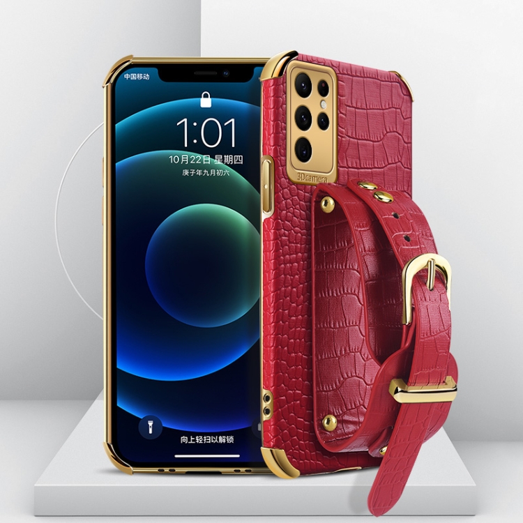 

For Samsung Galaxy S23 Ultra 5G Electroplated TPU Crocodile Pattern Leather Case with Wrist Strap(Red)