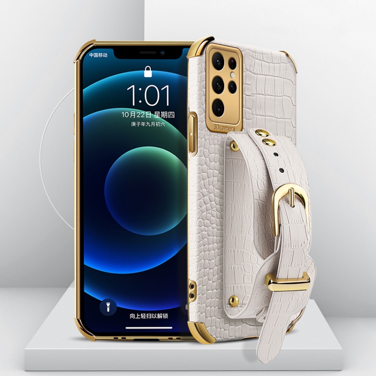 

For Samsung Galaxy S23 Ultra 5G Electroplated TPU Crocodile Pattern Leather Case with Wrist Strap(White)