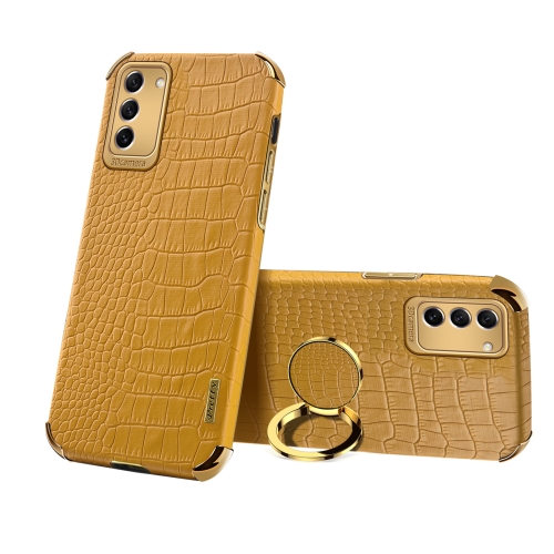 

For Samsung Galaxy S23 5G 6D Electroplating Crocodile Texture Phone Case With Holder(Brown)