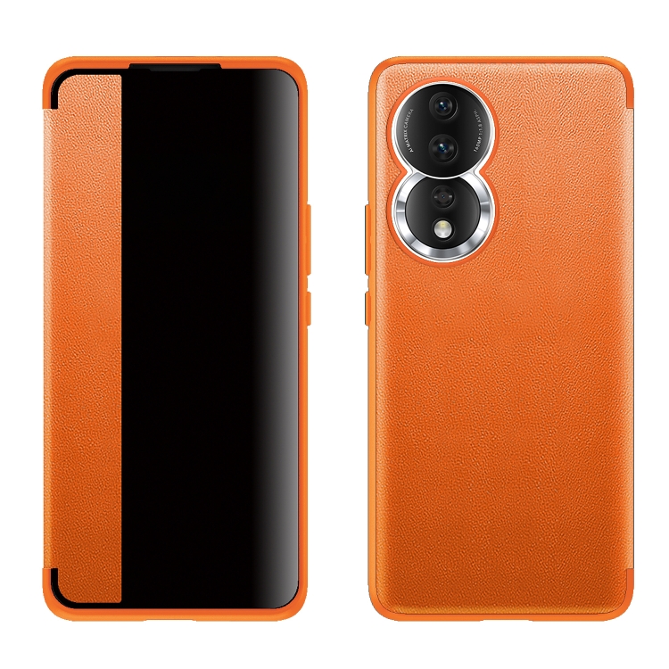 

For Honor 80 Magnetic Side Window View Leather Smart Phone Case(Orange)