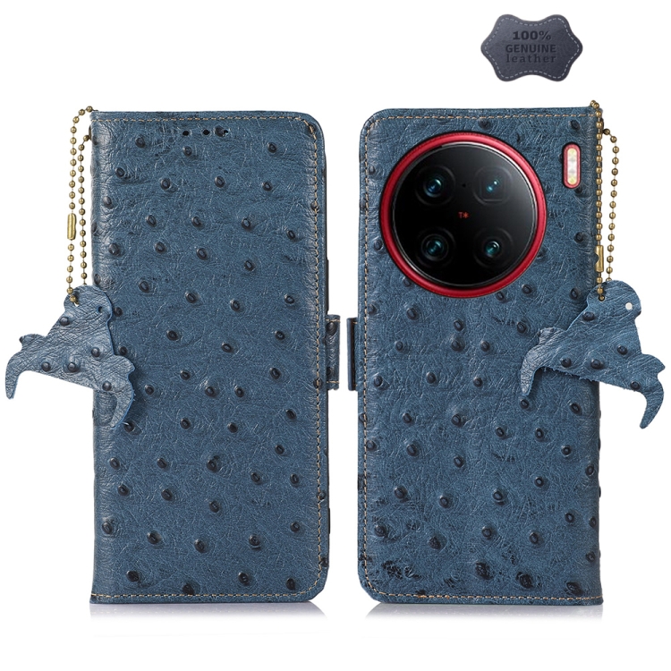 

For vivo X90 Pro+ Ostrich Pattern Genuine Leather RFID Phone Case(Blue)