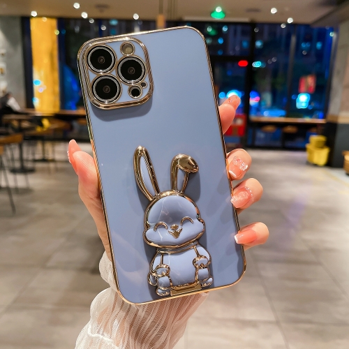 

For iPhone 14 Plating Rabbit Holder Phone Case(Blue)
