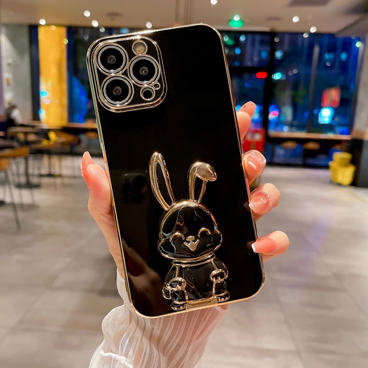 

For iPhone 14 Pro Max Plating Rabbit Holder Phone Case(Black)