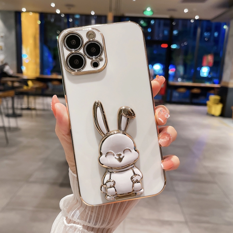 

For iPhone 13 Pro Max Plating Rabbit Holder Phone Case(White)