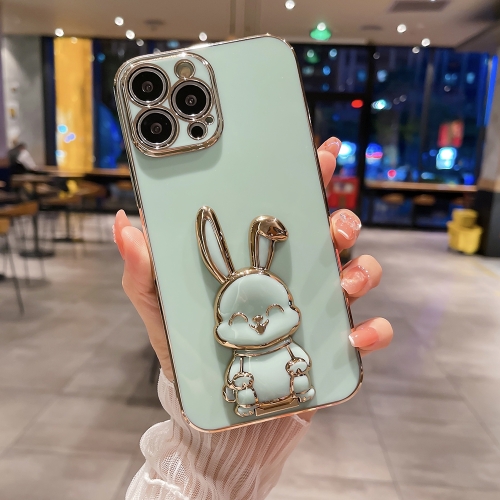 

For iPhone 13 Pro Max Plating Rabbit Holder Phone Case(Green)