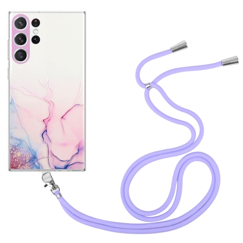 

For Samsung Galaxy S23 Ultra 5G Hollow Marble Pattern TPU Shockproof Phone Case with Neck Strap Rope(Pink)