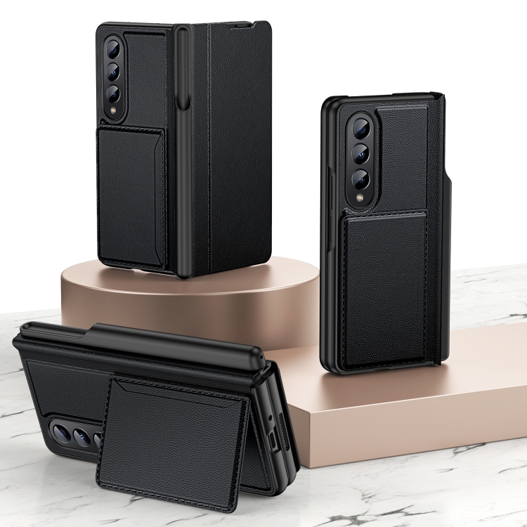 

For Samsung Galaxy Z Fold4 Card Holder Phone Leather Case with Pen Slot(Black)
