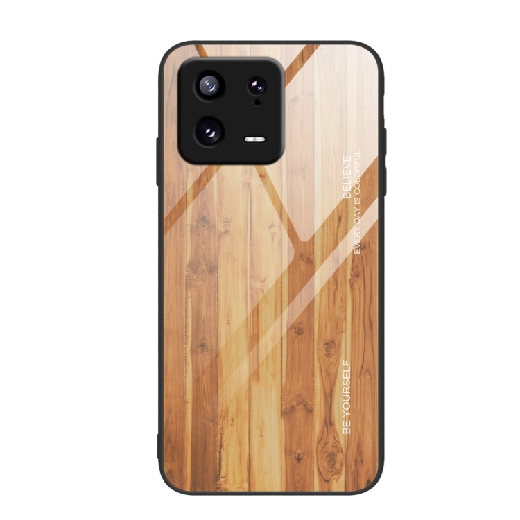 

For Xiaomi 13 Pro Wood Grain Glass TPU Phone Case(Yellow)